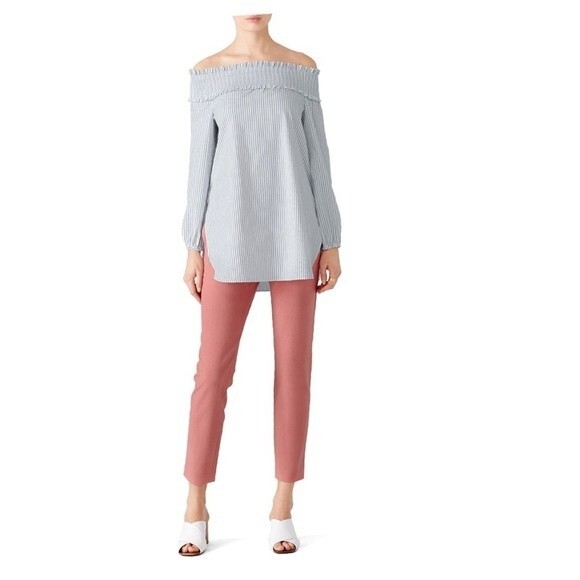 TIBI Stripe Off the Shoulder Smock Tunic Blouse 00 - Picture 12 of 14